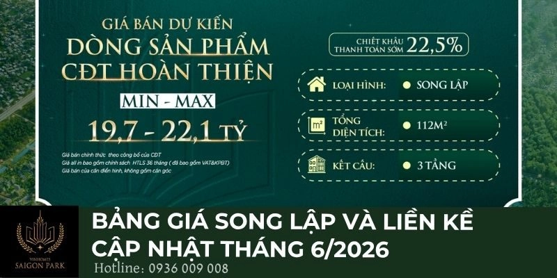 Bảng giá song lập và liền kề cập nhật tháng 6/2026
